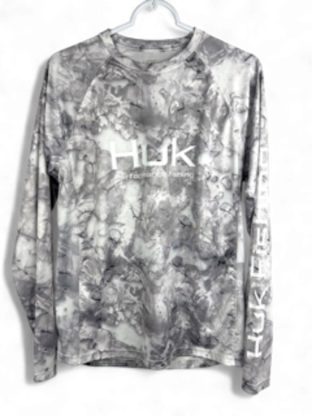 Huk Fishing Shirt Mens Size S Gray Camo L/S Mossy Oak Fracture Performance Wear